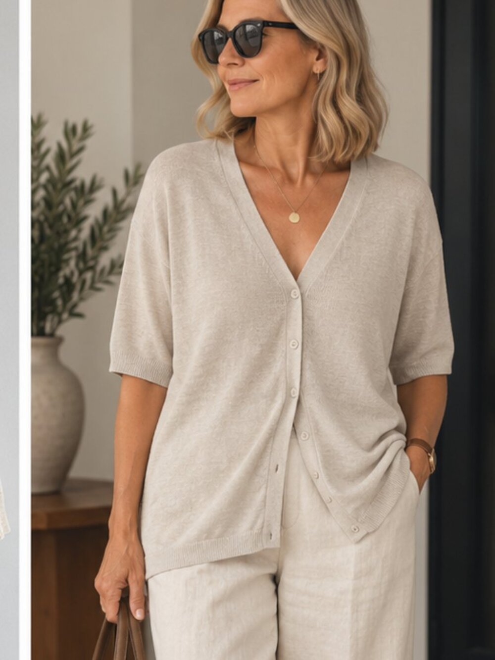 Ramie Blend Oversized Oatmeal Beige Short Sleeve Cardigan PTP23